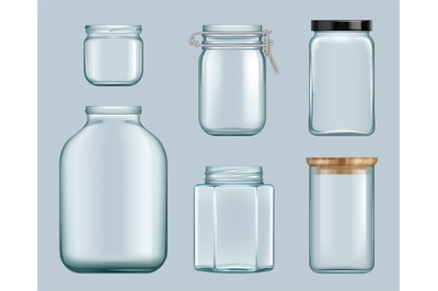 Glass jars. Product jam containers transparent bottles for liquids can