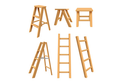 Wooden ladders. Interior household equipment standing on tools for hom