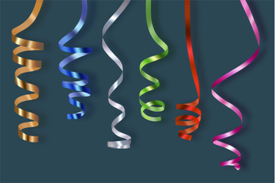 Realistic confetti. Party colored ribbons serpentine vector collection