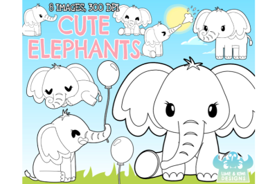 Cute Elephants Digital Stamps - Lime and Kiwi Designs