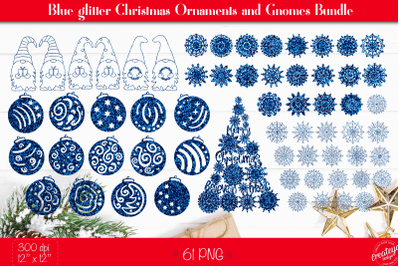 Blue Glitter Christmas ornaments and Christmas Gnomes