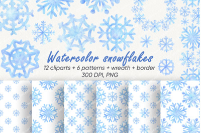 Watercolor Snowflakes Clipart, Patterns, Wreath and Borders