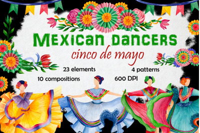 Mexican dancers. Cinco de mayo. Watercolor set