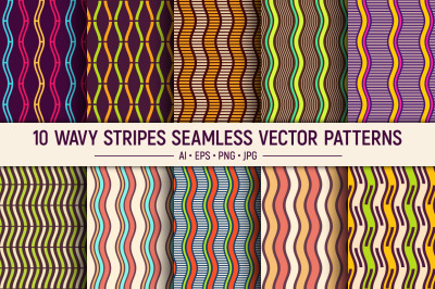 10 seamless colorful wavy lines patterns