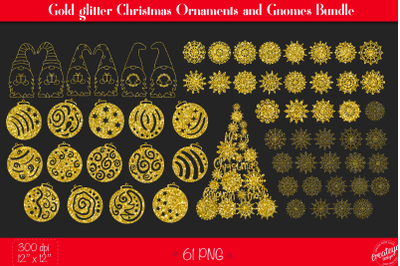 Gold Glitter Christmas ornaments and Christmas Gnomes