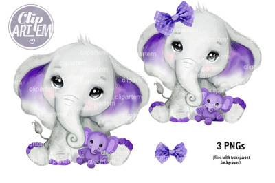 Elephant with Stuffed Elephant Toy, Purple clip art, boy girl elephant with bow