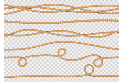 Rope decore. Realistic jute cords marine navy cord, lasso line. Vector