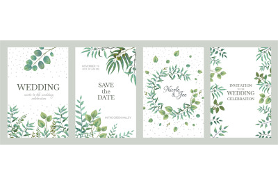 Wedding greenery posters. Elegant floral frames&2C; rustic vintage border