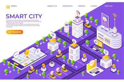 Isometric city landing page. Smart town concept with futuristic buildi