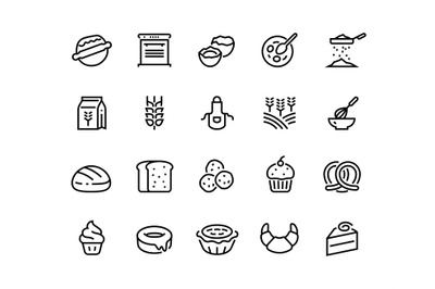 Bakery line icons. Wheat flour eggs and sugar ingredient for home brea