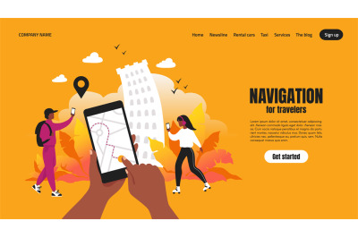 Travel app landing page. Smartphone application concept with map and r
