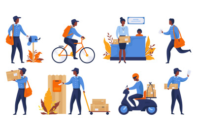 Postman. Cartoon delivery worker character shipping parcels, walking w