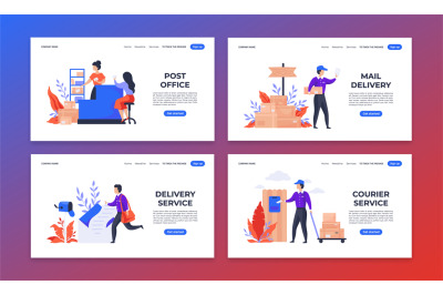 Delivery landing page. Shipping and mail service web pages, cartoon ch