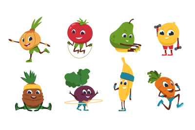 Fruits fitness. Vegetables cartoon characters doing fitness exercises