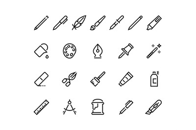 Drawing tools line icons. Minimal pencil pen brush bucket pallet strok