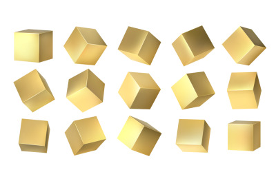 Golden cubes. Realistic 3D blocks of yellow metal from different isome