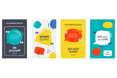 Quote frames. Colored posters with frames and motivation text, dialog