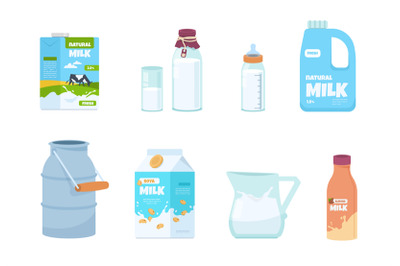 Cartoon milk. Plastic bottle, white food container, carton package, bo