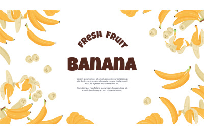 Banana banner. Yellow cartoon tropical fruit peeled and single on flat