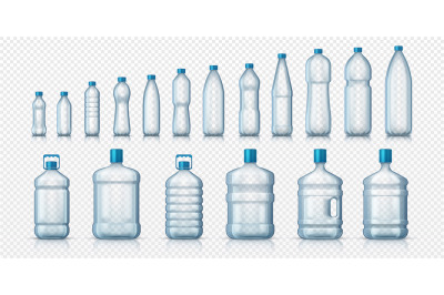 Empty plastic bottles. Realistic transparent container for water or li