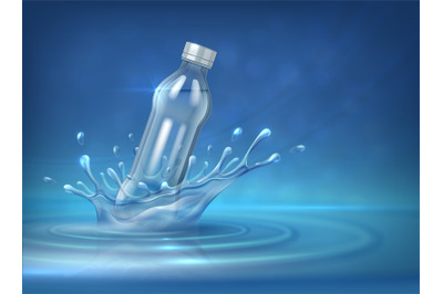 Water bottle advertising. Realistic 3D background with splashes water