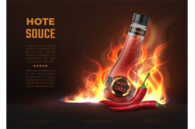 Sauce ad. Realistic 3D glass bottle with hot spicy chilli sauce, adver