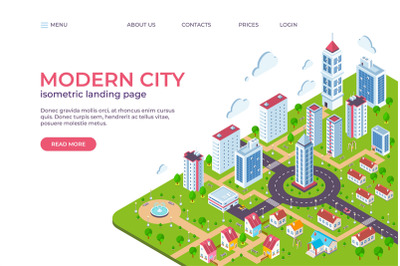 Isometric city landing page. 3D smart city concept with skyscrapers&2C; b