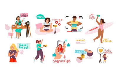 Blogging set. Doodle happy characters making video and streaming, cont