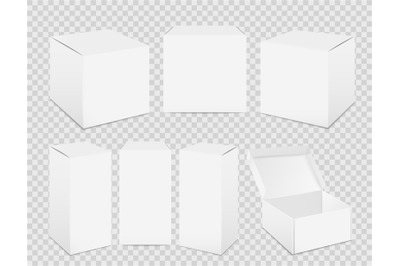 Paper boxes. Realistic tall white cardboard package mockup&2C; paper food