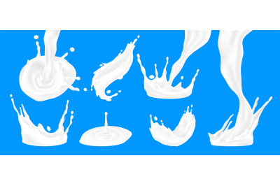 Realistic milk splashes. 3D liquid drops, healthy natural food concept