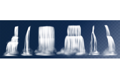 Cascade waterfall. Realistic 3D falling mountain streams with fog, wat