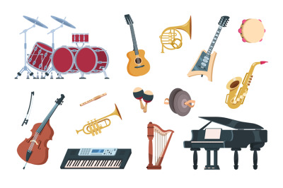 Musical instruments. Acoustic, electric and percussion cartoon vintage