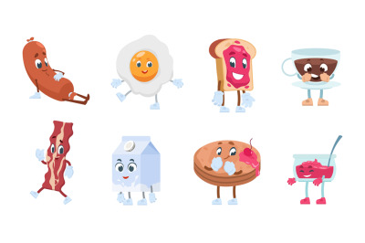 Breakfast characters. Breakfast food with cute kawaii faces, toast egg