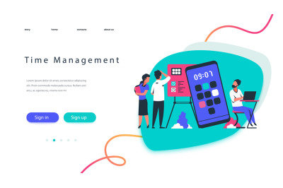 Time management landing page. Team work concept with business people p