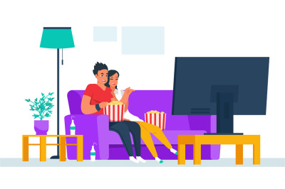 Couple watching TV. Cartoon boy and girl characters watching movie at