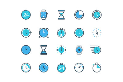 Clock and time icons. Watch, calendar, alarm and chronograph infograph