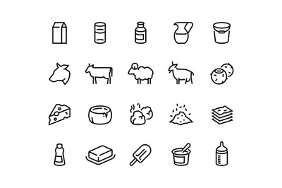 Milk line icons. Dairy products of cheese yogurt butter and cream, org