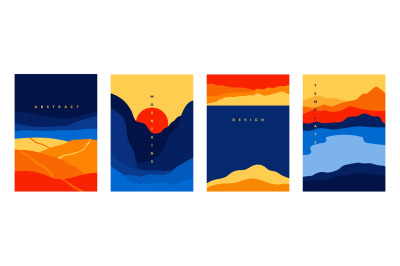 Mountains and sea poster. Abstract geometric landscape banners with mi