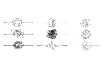 Knot arrow line. Doodle chaos mindset, mess concept with freehand scra