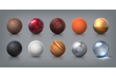 Texture spheres. 3D realistic balls of glass metal plastic rubber mate