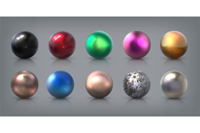 Realistic metal balls. 3D aluminum steel bronze silver and gold sphere