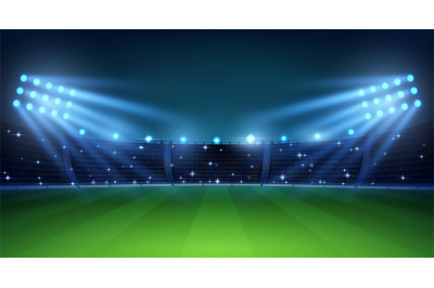 Realistic football arena. Soccer playing field at night with bright st