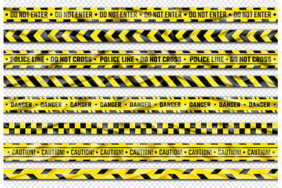 Danger ribbon. Yellow caution tape with warning signs for police crime