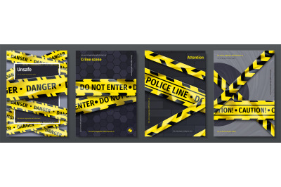 Caution tape posters. Set of banners with yellow danger tape and warni