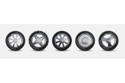 Realistic tires set. Truck wheels isolated on white, winter and summer