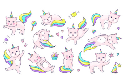 Unicorn cat. Cute doodle animal with kawaii face&2C; hand drawn kitty cha