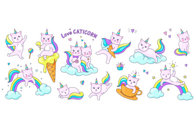 Cute unicorn cats. Funny doodle kitty characters on clouds and rainbow