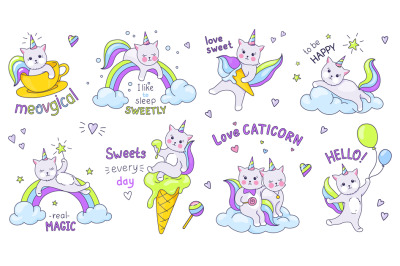 Unicorn cats. Cute doodle characters with kawaii faces and quotes&2C; chi