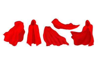 Red cape with hood. Realistic superhero cloak, vampire and illusionist