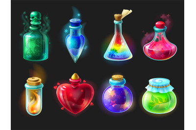 Magic potion. Cartoon game interface elements, alchemist bottles with